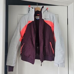 Women's Ski Jacket with Hood - Burgundy and Gray
